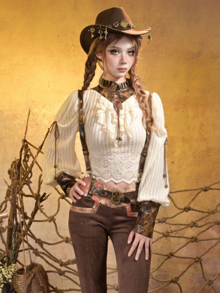 Knitted Leather Stitching Vintage Lace Top【s0000015315】