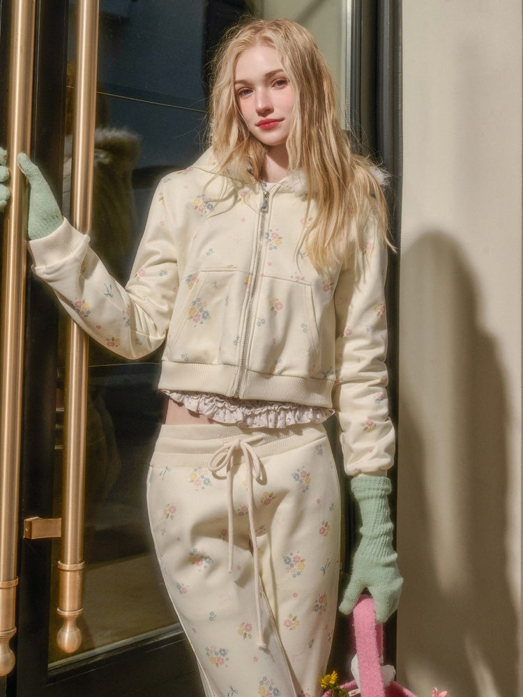 Floral Fur Collar Jacket Pants Set Up【s0000015328】