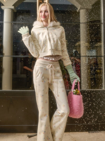 Floral Fur Collar Jacket Pants Set Up【s0000015328】