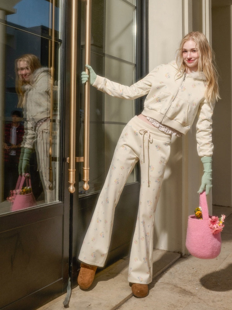 Floral Fur Collar Jacket Pants Set Up【s0000015328】