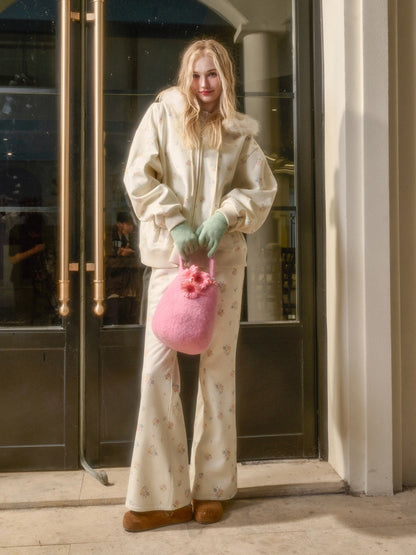 Floral Fur Collar Jacket Pants Set Up【s0000015328】