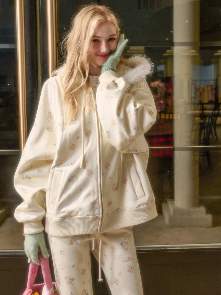 Floral Fur Collar Jacket Pants Set Up【s0000015328】