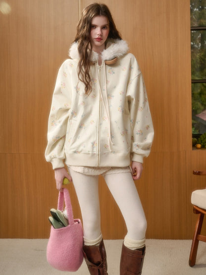 Floral Fur Collar Jacket Pants Set Up【s0000015328】