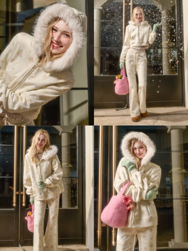 Floral Fur Collar Jacket Pants Set Up【s0000015328】