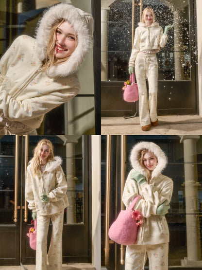 Floral Fur Collar Jacket Pants Set Up【s0000015328】