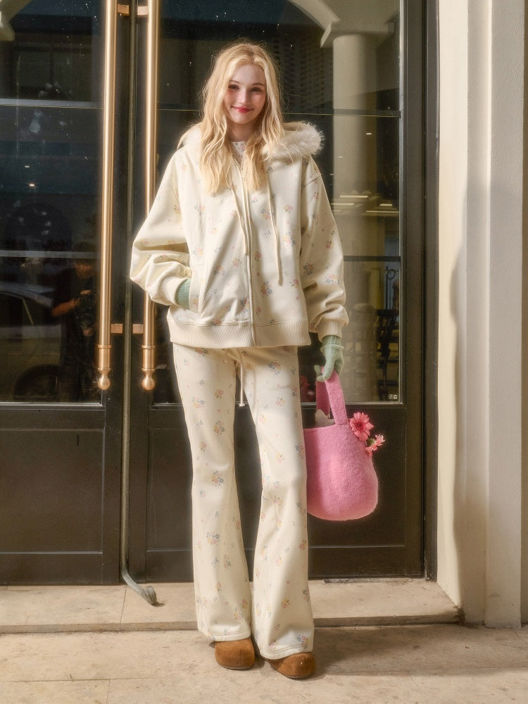Floral Fur Collar Jacket Pants Set Up【s0000015328】
