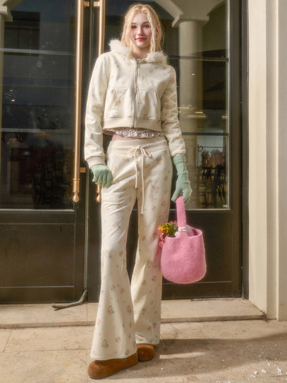 Floral Fur Collar Jacket Pants Set Up【s0000015328】