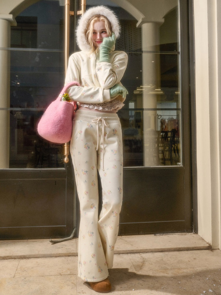 Floral Fur Collar Jacket Pants Set Up【s0000015328】