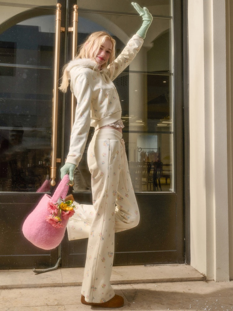 Floral Fur Collar Jacket Pants Set Up【s0000015328】