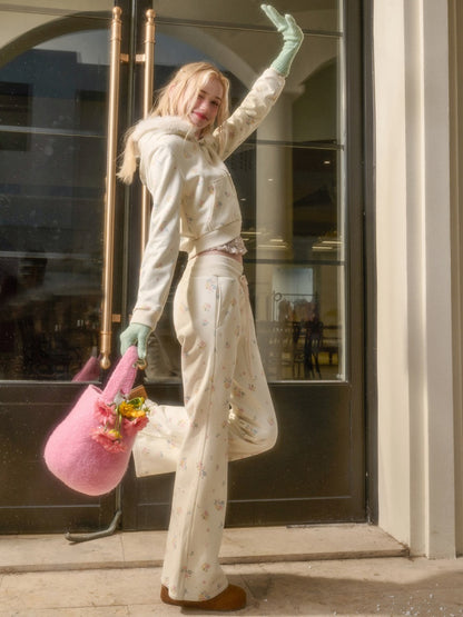 Floral Fur Collar Jacket Pants Set Up【s0000015328】