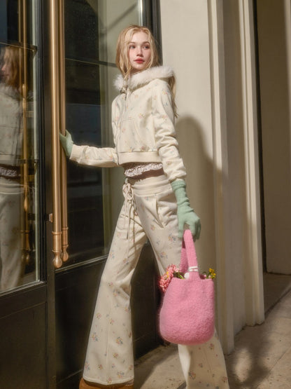 Floral Fur Collar Jacket Pants Set Up【s0000015328】