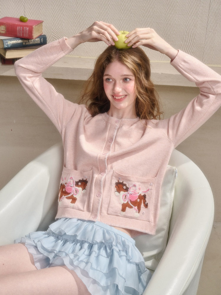 Amusement Park Happy Pony Baby Powder Embroidered Cardigan【s0000015343】