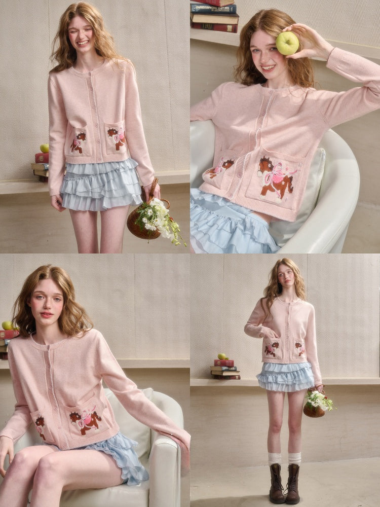 Amusement Park Happy Pony Baby Powder Embroidered Cardigan【s0000015343】