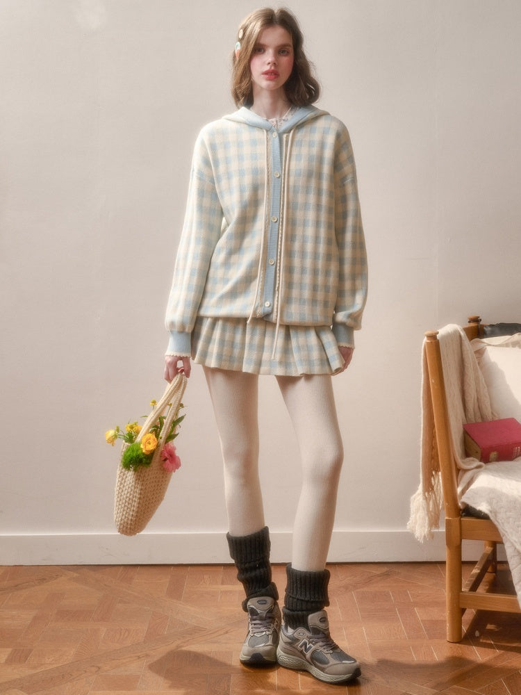 Blue Plaid Zip Jacket & Pleats Skirt【s0000015344】