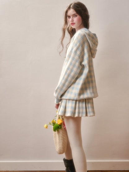 Blue Plaid Zip Jacket & Pleats Skirt【s0000015344】