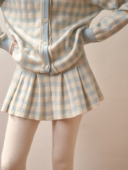 Blue Plaid Zip Jacket & Pleats Skirt【s0000015344】