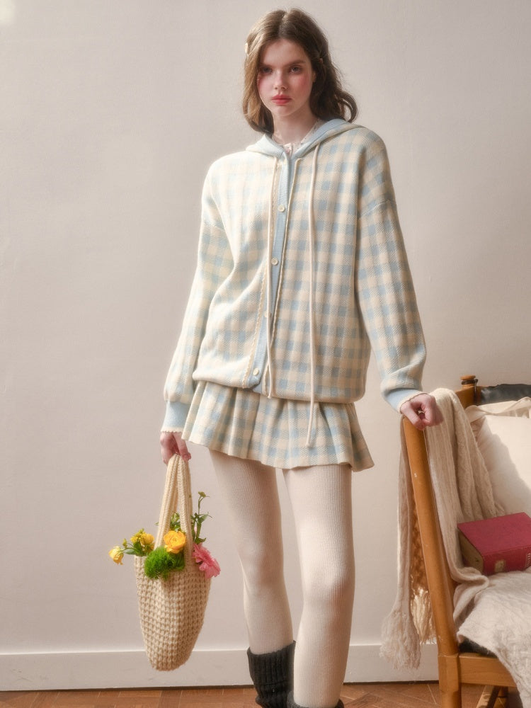 Blue Plaid Zip Jacket & Pleats Skirt【s0000015344】