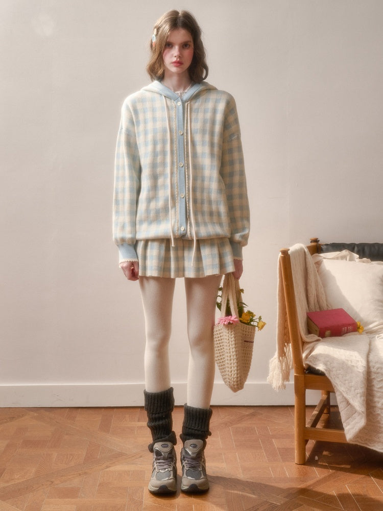 Blue Plaid Zip Jacket & Pleats Skirt【s0000015344】