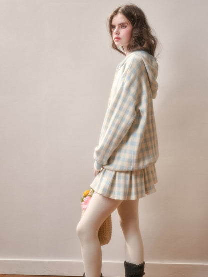 Blue Plaid Zip Jacket & Pleats Skirt【s0000015344】
