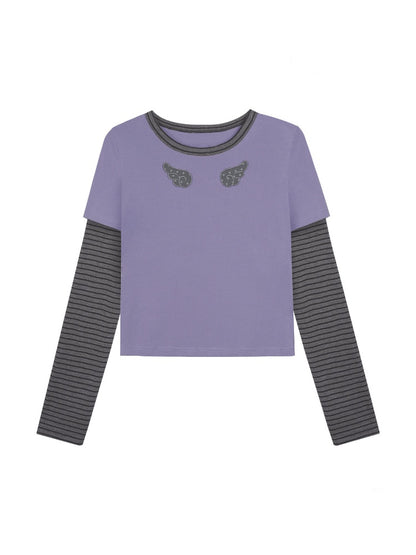 Wings Striped Long Sleeve Fake Two-Piece T-Shirt【s0000015347】