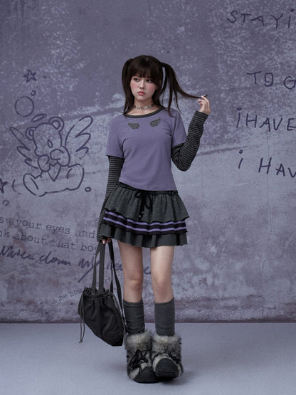 Wings Striped Long Sleeve Fake Two-Piece T-Shirt【s0000015347】