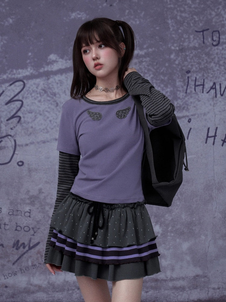 Wings Striped Long Sleeve Fake Two-Piece T-Shirt【s0000015347】