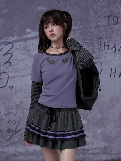 Wings Striped Long Sleeve Fake Two-Piece T-Shirt【s0000015347】