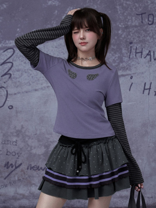 Wings Striped Long Sleeve Fake Two-Piece T-Shirt【s0000015347】