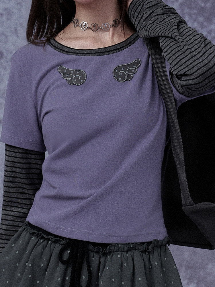 Wings Striped Long Sleeve Fake Two-Piece T-Shirt【s0000015347】