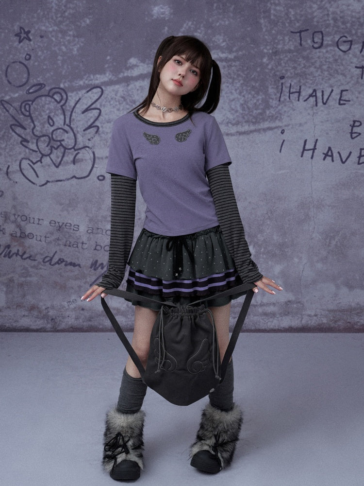 Wings Striped Long Sleeve Fake Two-Piece T-Shirt【s0000015347】