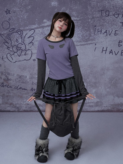 Wings Striped Long Sleeve Fake Two-Piece T-Shirt【s0000015347】