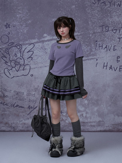 Wings Striped Long Sleeve Fake Two-Piece T-Shirt【s0000015347】