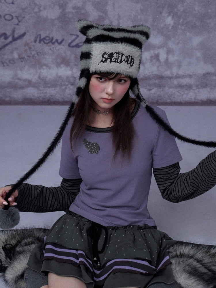 Wings Striped Long Sleeve Fake Two-Piece T-Shirt【s0000015347】