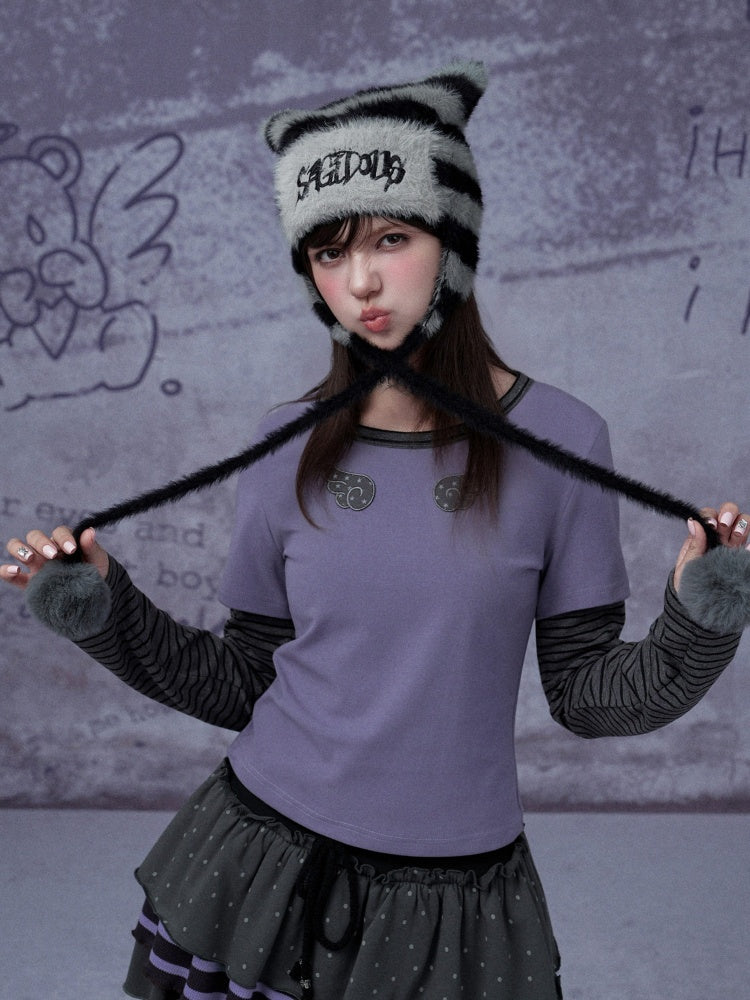 Wings Striped Long Sleeve Fake Two-Piece T-Shirt【s0000015347】
