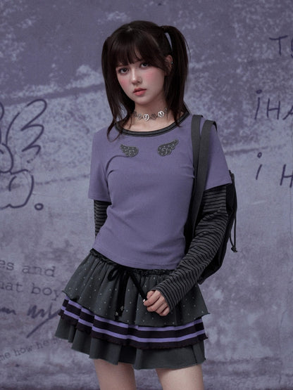 Wings Striped Long Sleeve Fake Two-Piece T-Shirt【s0000015347】