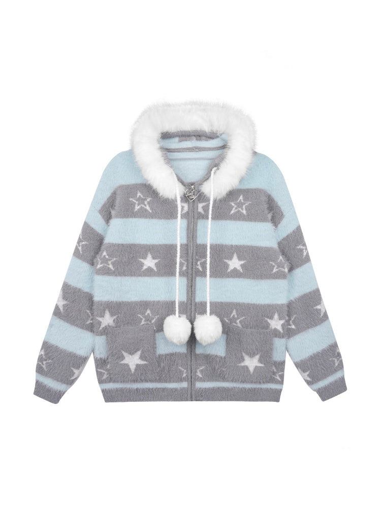 Pom-Pom Fur Hood Striped Star Zip Loose Large Cardigan【s0000015351】