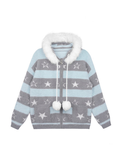 Pom-Pom Fur Hood Striped Star Zip Loose Large Cardigan【s0000015351】