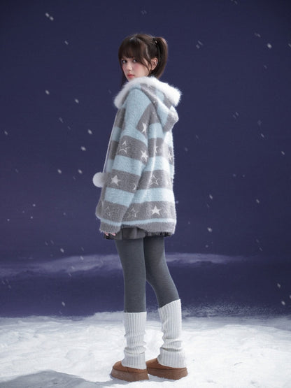 Pom-Pom Fur Hood Striped Star Zip Loose Large Cardigan【s0000015351】