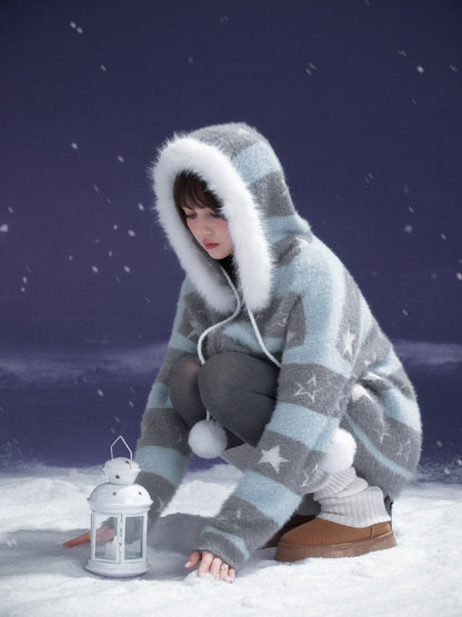 Pom-Pom Fur Hood Striped Star Zip Loose Large Cardigan【s0000015351】