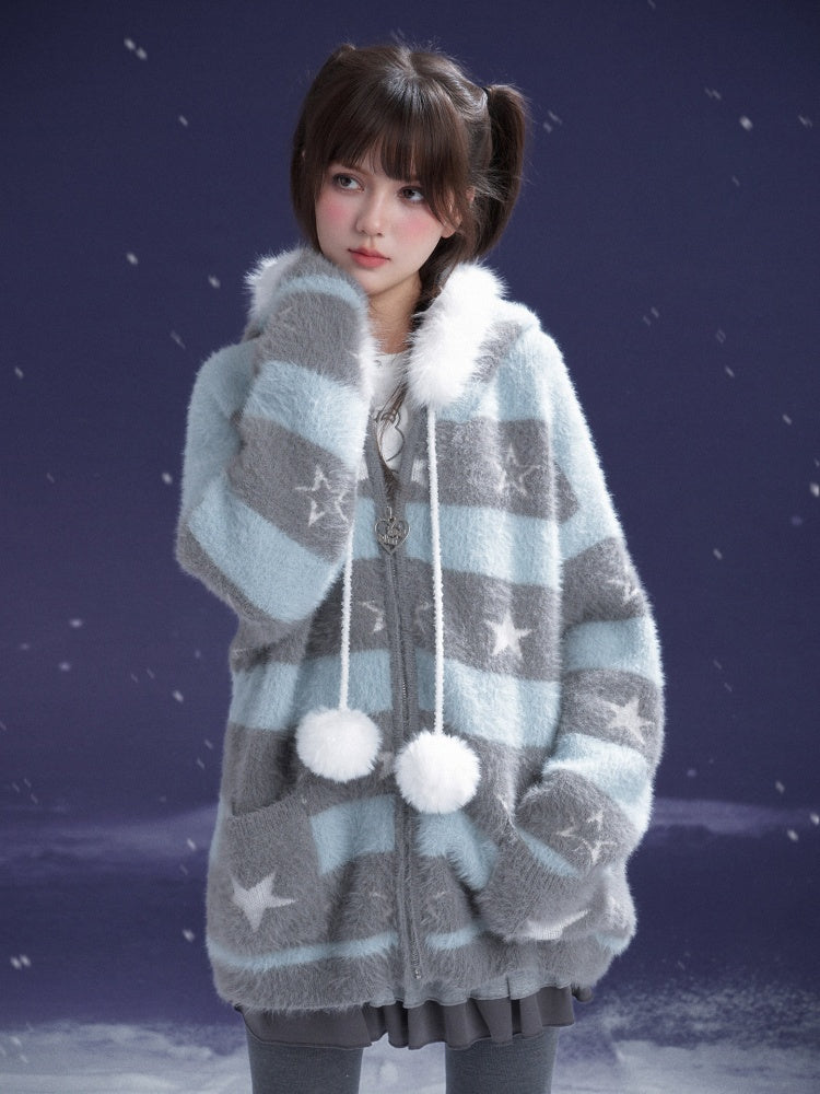 Pom-Pom Fur Hood Striped Star Zip Loose Large Cardigan【s0000015351】