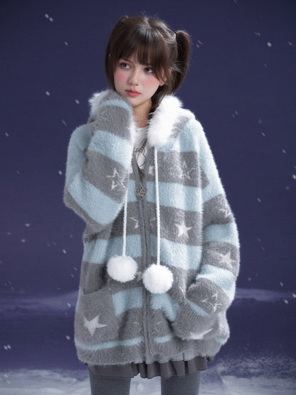 Pom-Pom Fur Hood Striped Star Zip Loose Large Cardigan【s0000015351】