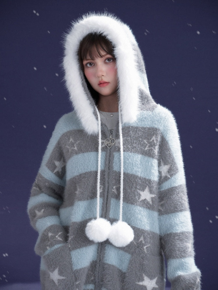 Pom-Pom Fur Hood Striped Star Zip Loose Large Cardigan【s0000015351】