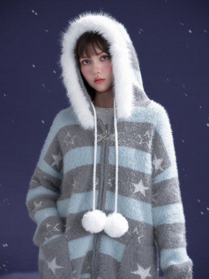 Pom-Pom Fur Hood Striped Star Zip Loose Large Cardigan【s0000015351】