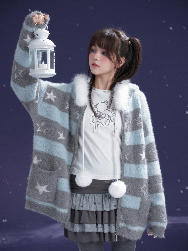 Pom-Pom Fur Hood Striped Star Zip Loose Large Cardigan【s0000015351】