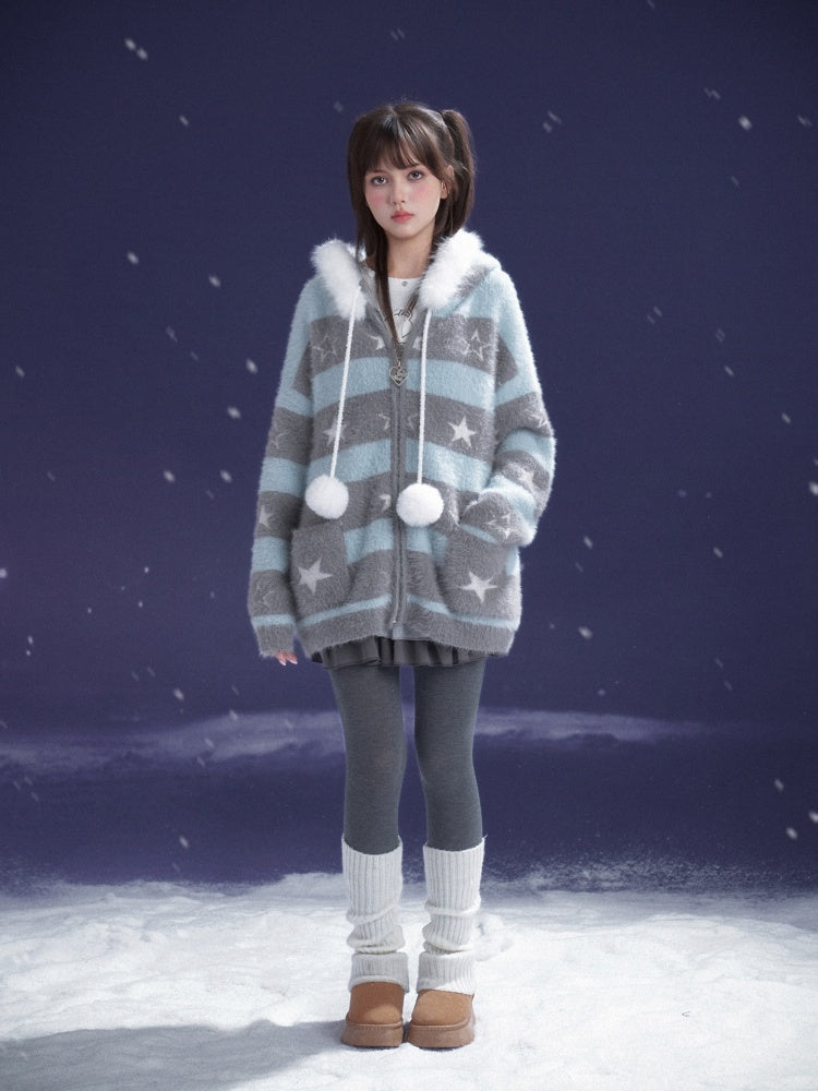 Pom-Pom Fur Hood Striped Star Zip Loose Large Cardigan【s0000015351】