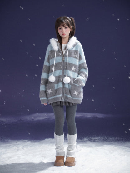 Pom-Pom Fur Hood Striped Star Zip Loose Large Cardigan【s0000015351】
