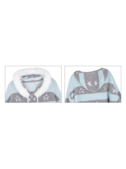 Pom-Pom Fur Hood Striped Star Zip Loose Large Cardigan【s0000015351】