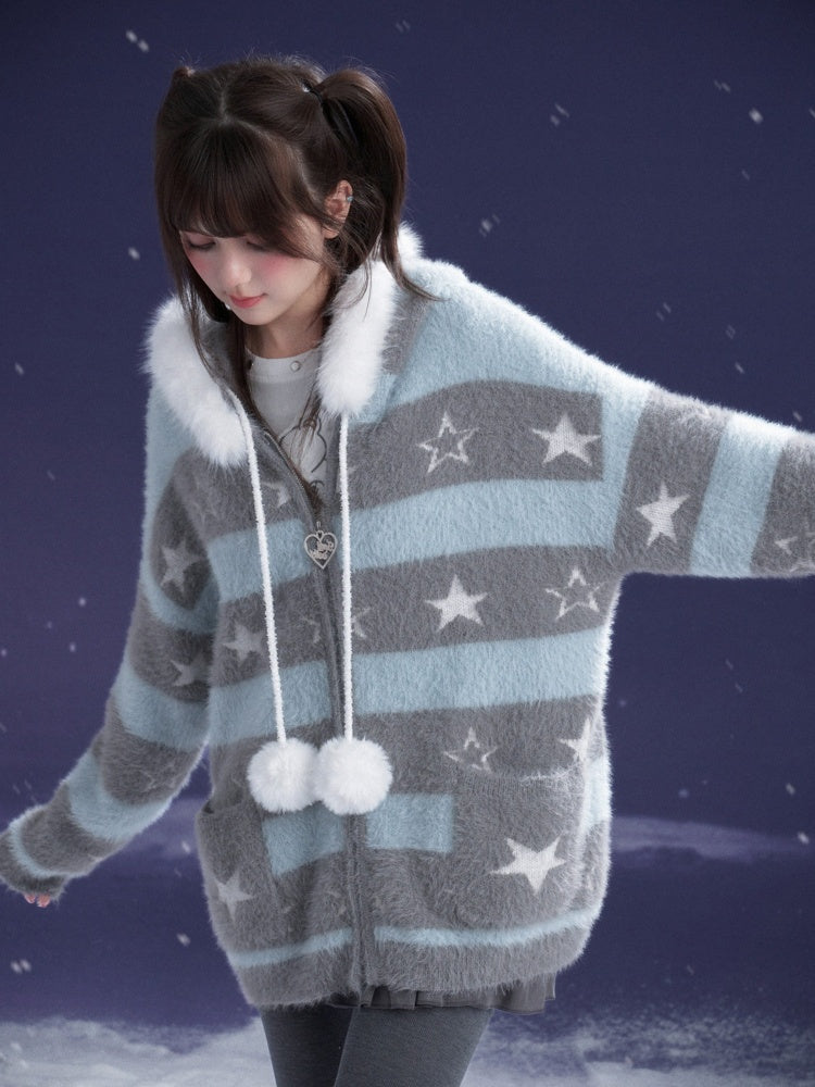 Pom-Pom Fur Hood Striped Star Zip Loose Large Cardigan【s0000015351】