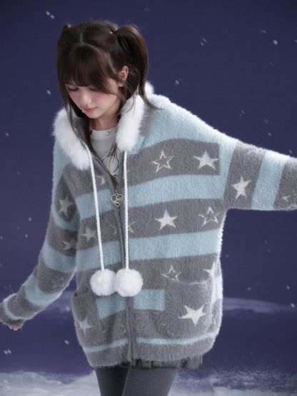 Pom-Pom Fur Hood Striped Star Zip Loose Large Cardigan【s0000015351】