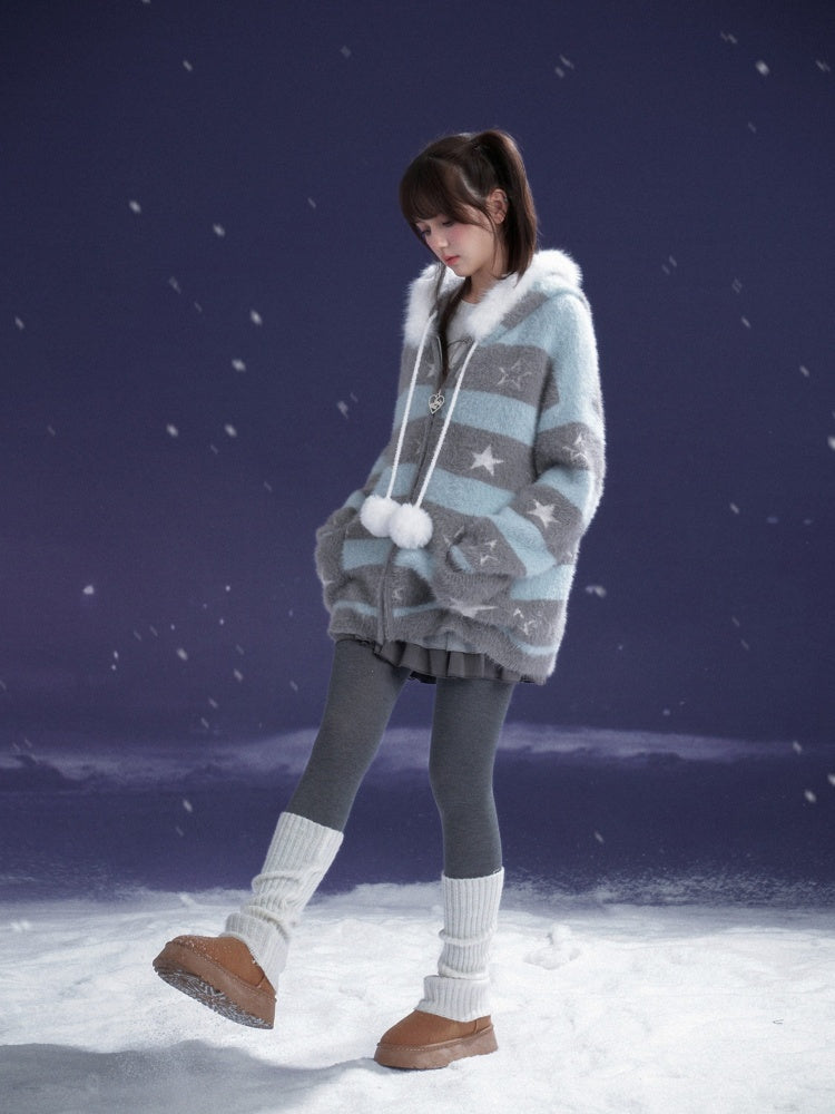 Pom-Pom Fur Hood Striped Star Zip Loose Large Cardigan【s0000015351】
